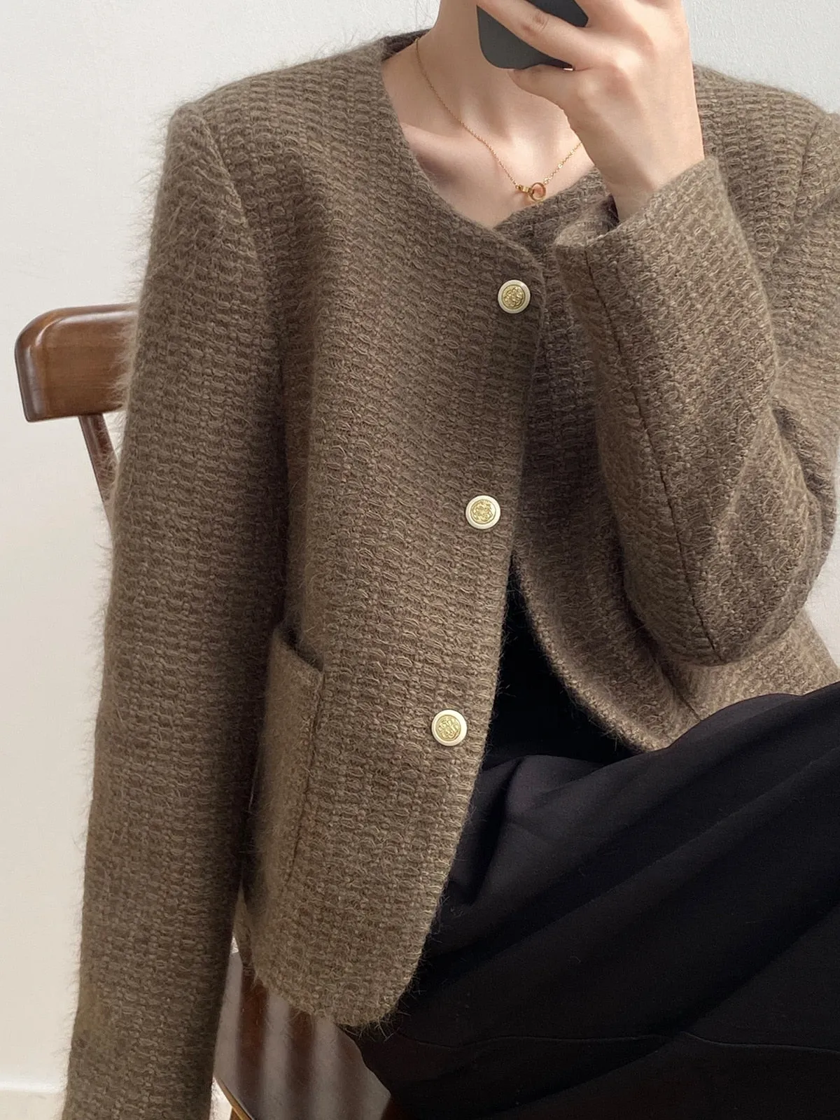 [Korean Style] High Quality Single Breasted Collarless Brushed Cropped Coat