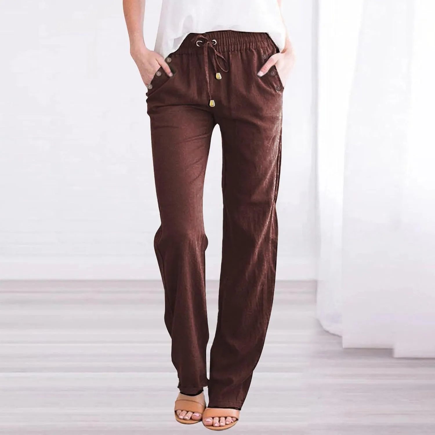 Linen Pants for Women Summer Drawstring Pockets Wide Leg Loose Casual Cotton Linen Palazzo Pants Beach Yoga Pant