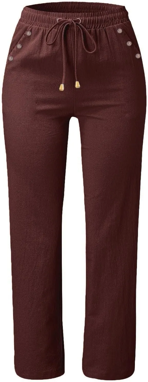 Linen Pants for Women Summer Drawstring Pockets Wide Leg Loose Casual Cotton Linen Palazzo Pants Beach Yoga Pant