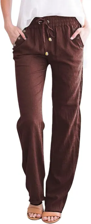 Linen Pants for Women Summer Drawstring Pockets Wide Leg Loose Casual Cotton Linen Palazzo Pants Beach Yoga Pant