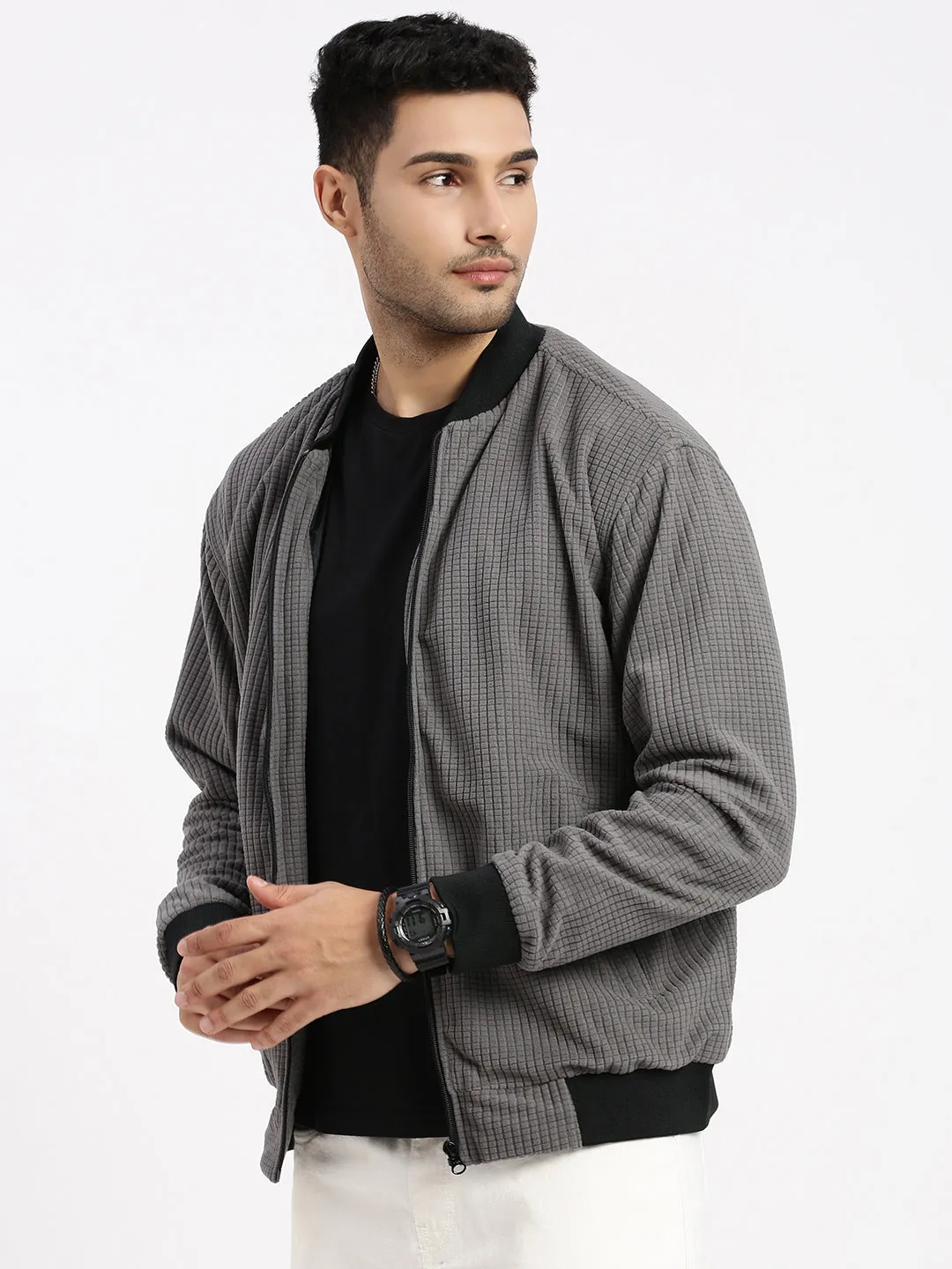 Men Grey Solid Mandarin Collar Bomber Jacket
