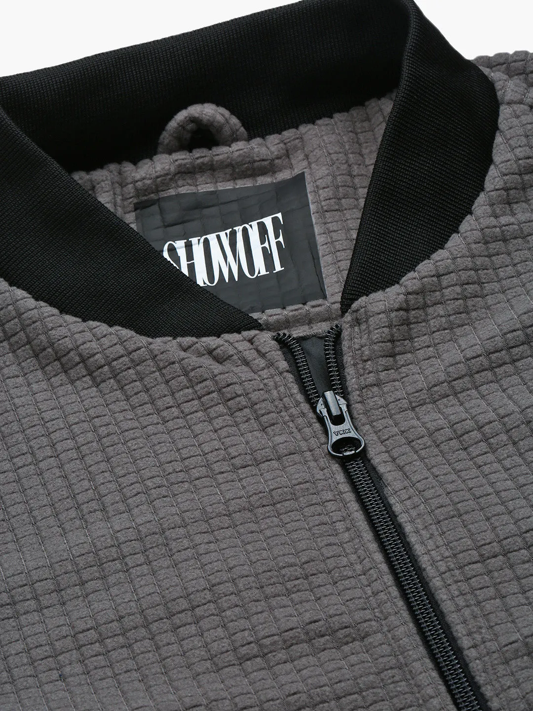 Men Grey Solid Mandarin Collar Bomber Jacket