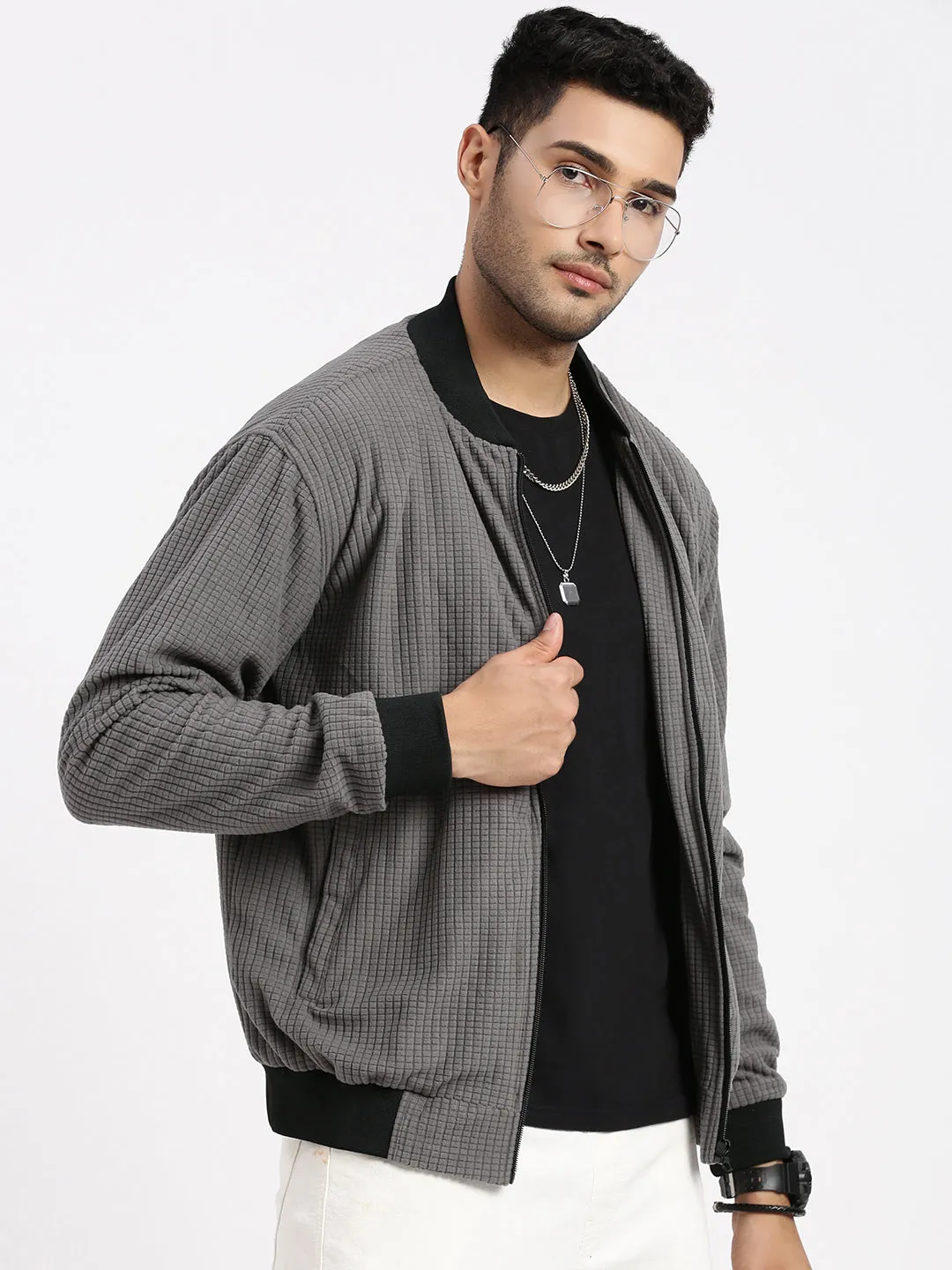 Men Grey Solid Mandarin Collar Bomber Jacket