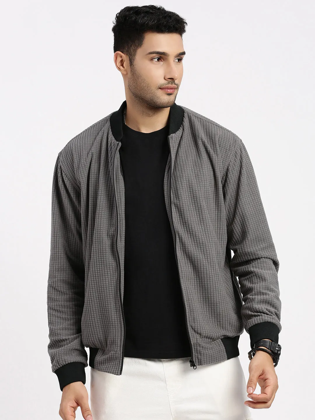 Men Grey Solid Mandarin Collar Bomber Jacket
