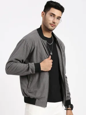 Men Grey Solid Mandarin Collar Bomber Jacket