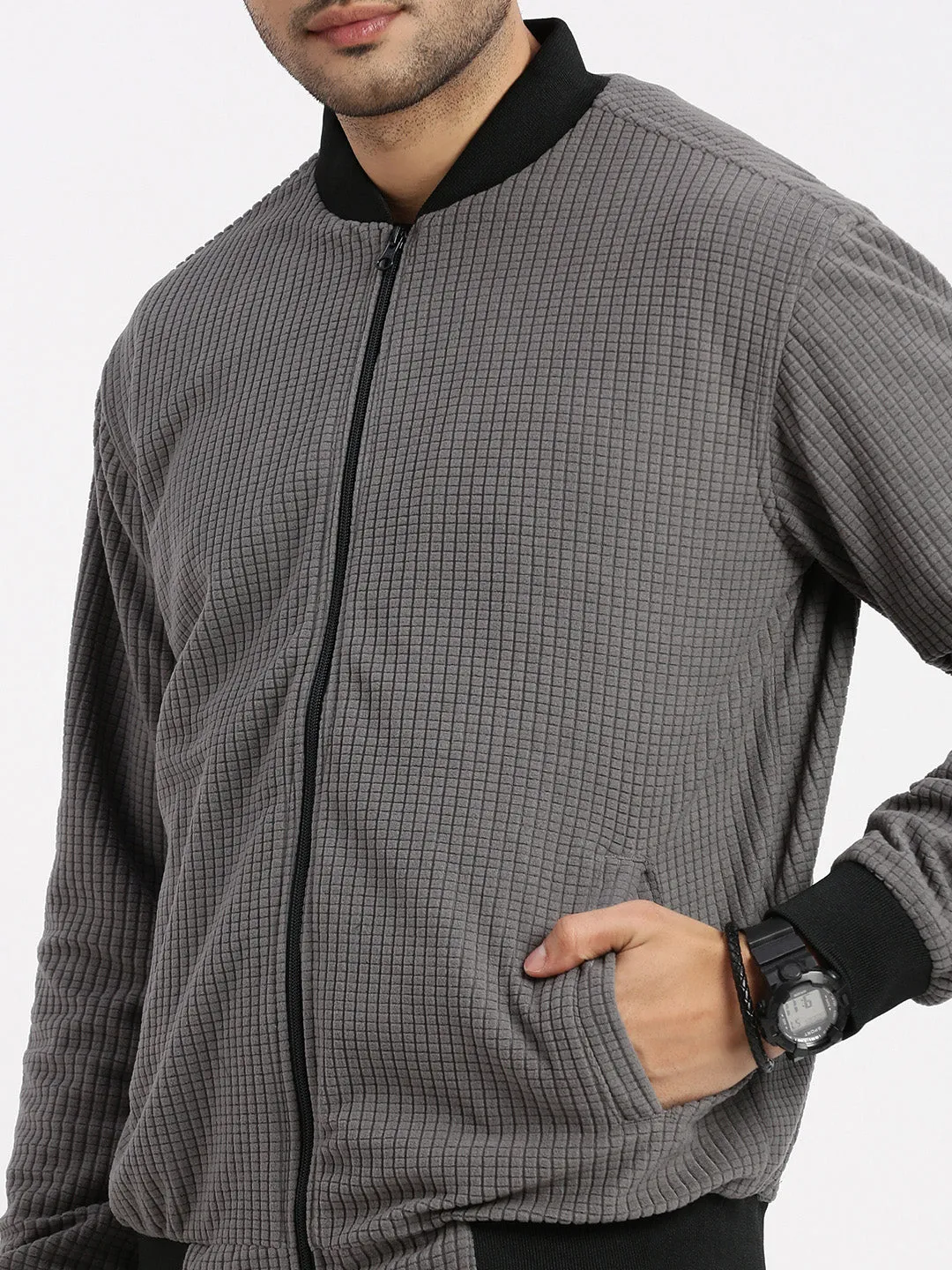 Men Grey Solid Mandarin Collar Bomber Jacket