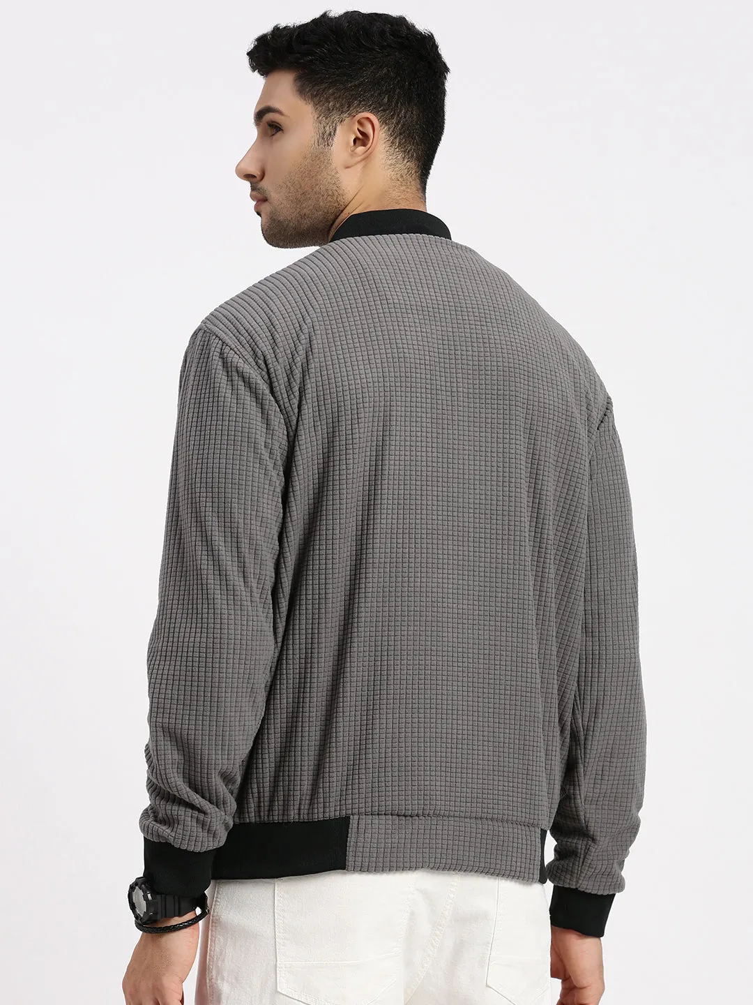 Men Grey Solid Mandarin Collar Bomber Jacket