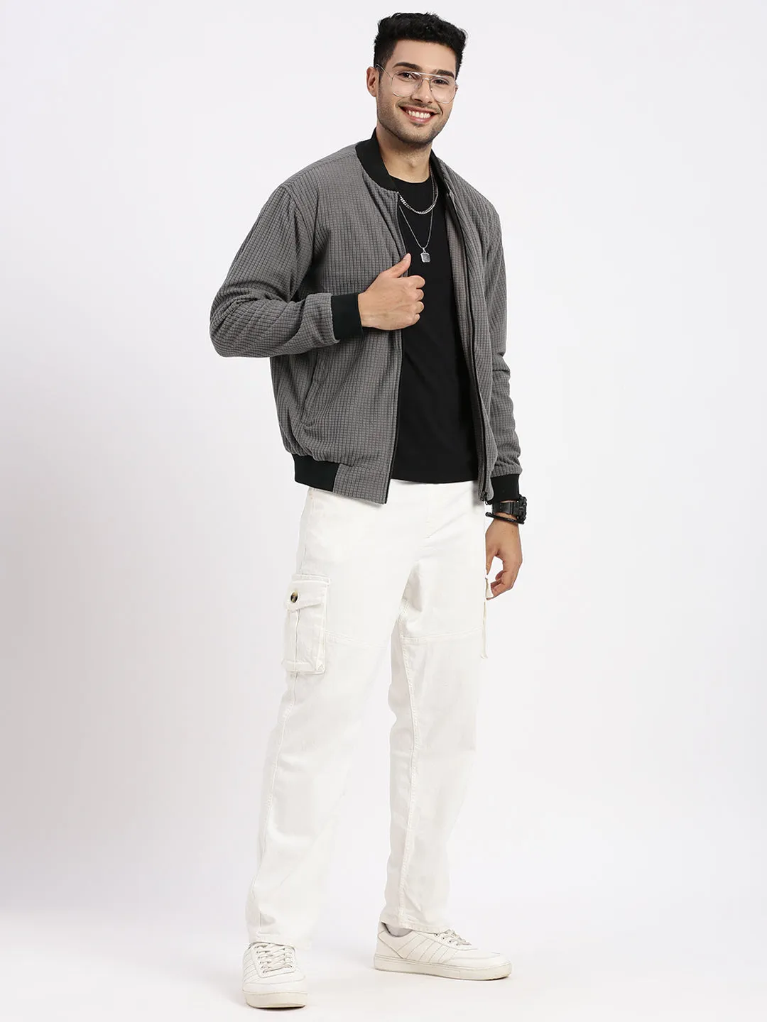 Men Grey Solid Mandarin Collar Bomber Jacket
