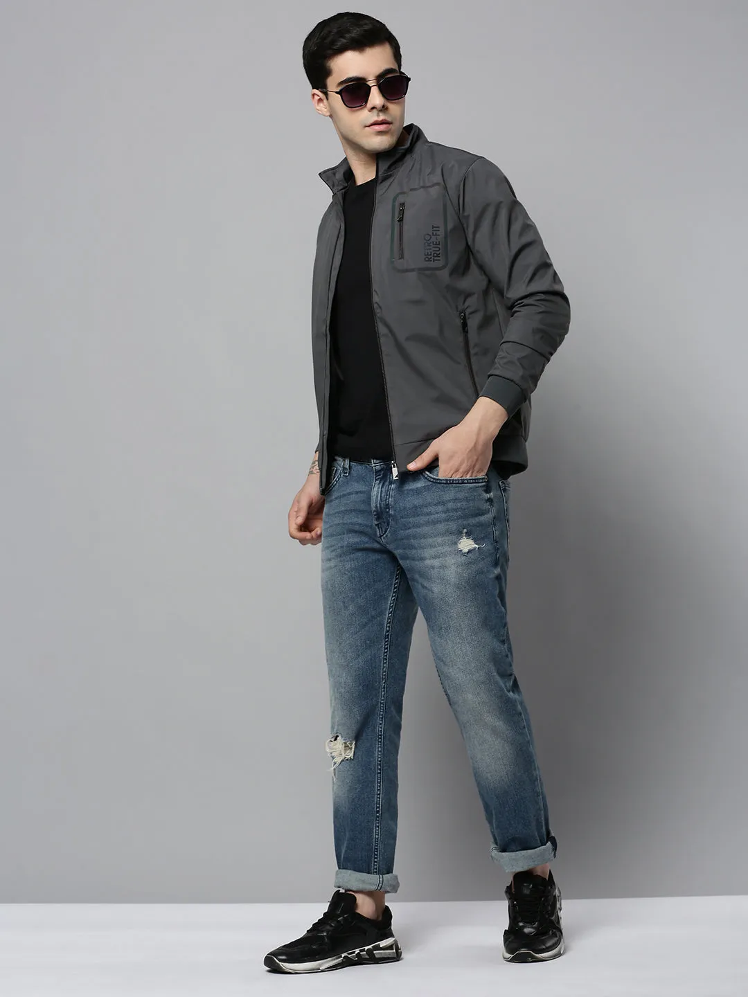 Men Grey Solid Open Front Jacket
