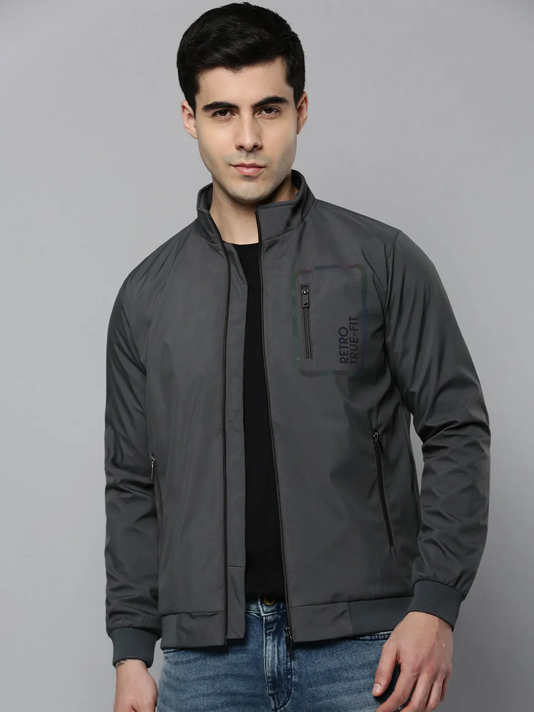 Men Grey Solid Open Front Jacket