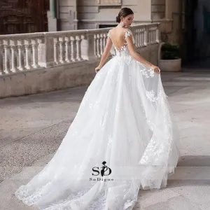 NumberSea Wedding Dress 2021 Short Sleeves Appliques Mermaid Bridal Dress With Detachable Train Over skirt Lace Wedding Gowns
