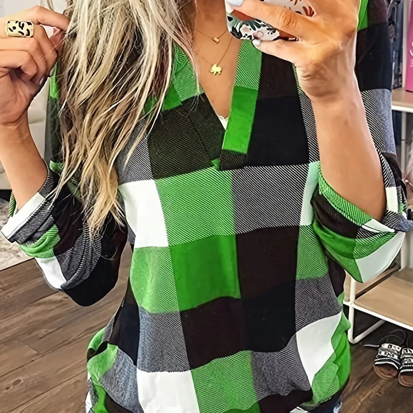 Purpdrank Stylish Plaid Flannel Shirt - Soft Long Sleeve V-Neck Top with Relaxed Fit for Everyday Wear, Women's Casual Clothing for Autumn and Winter Season