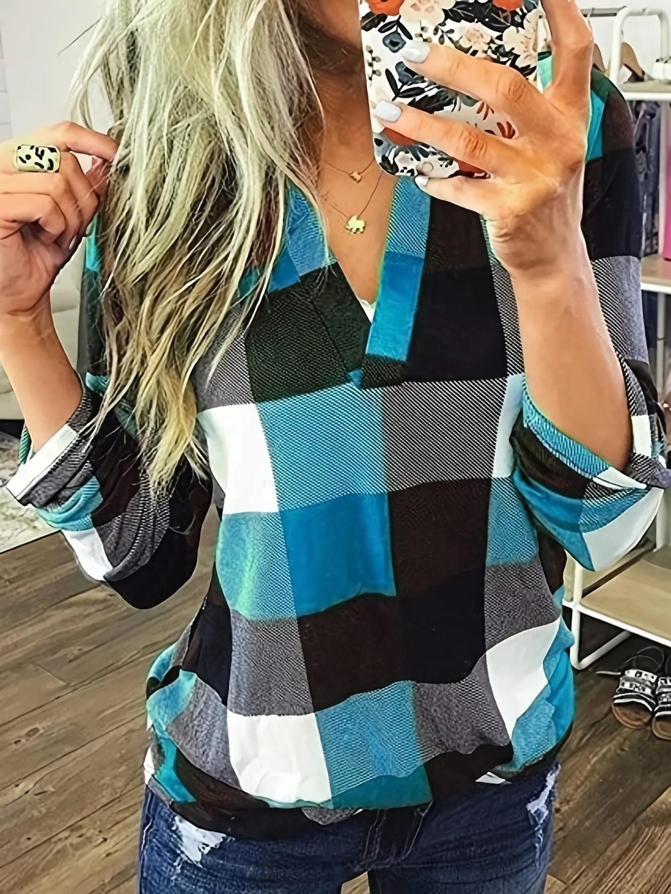 Purpdrank Stylish Plaid Flannel Shirt - Soft Long Sleeve V-Neck Top with Relaxed Fit for Everyday Wear, Women's Casual Clothing for Autumn and Winter Season