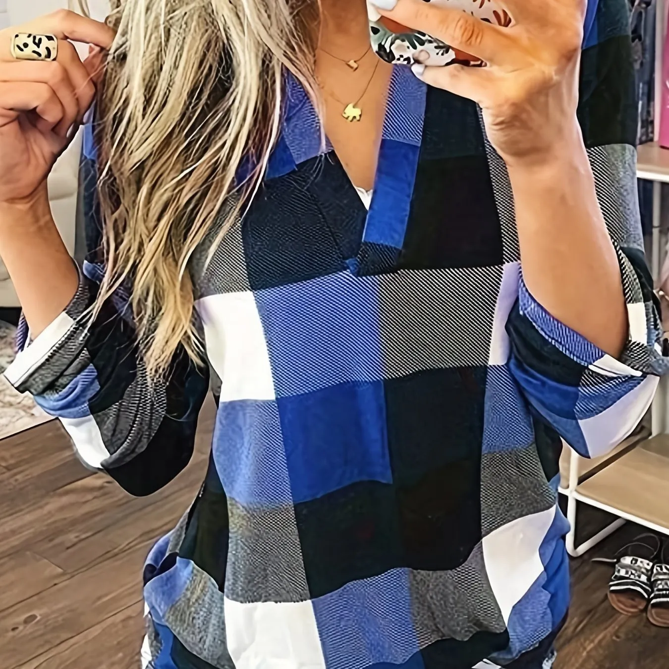 Purpdrank Stylish Plaid Flannel Shirt - Soft Long Sleeve V-Neck Top with Relaxed Fit for Everyday Wear, Women's Casual Clothing for Autumn and Winter Season