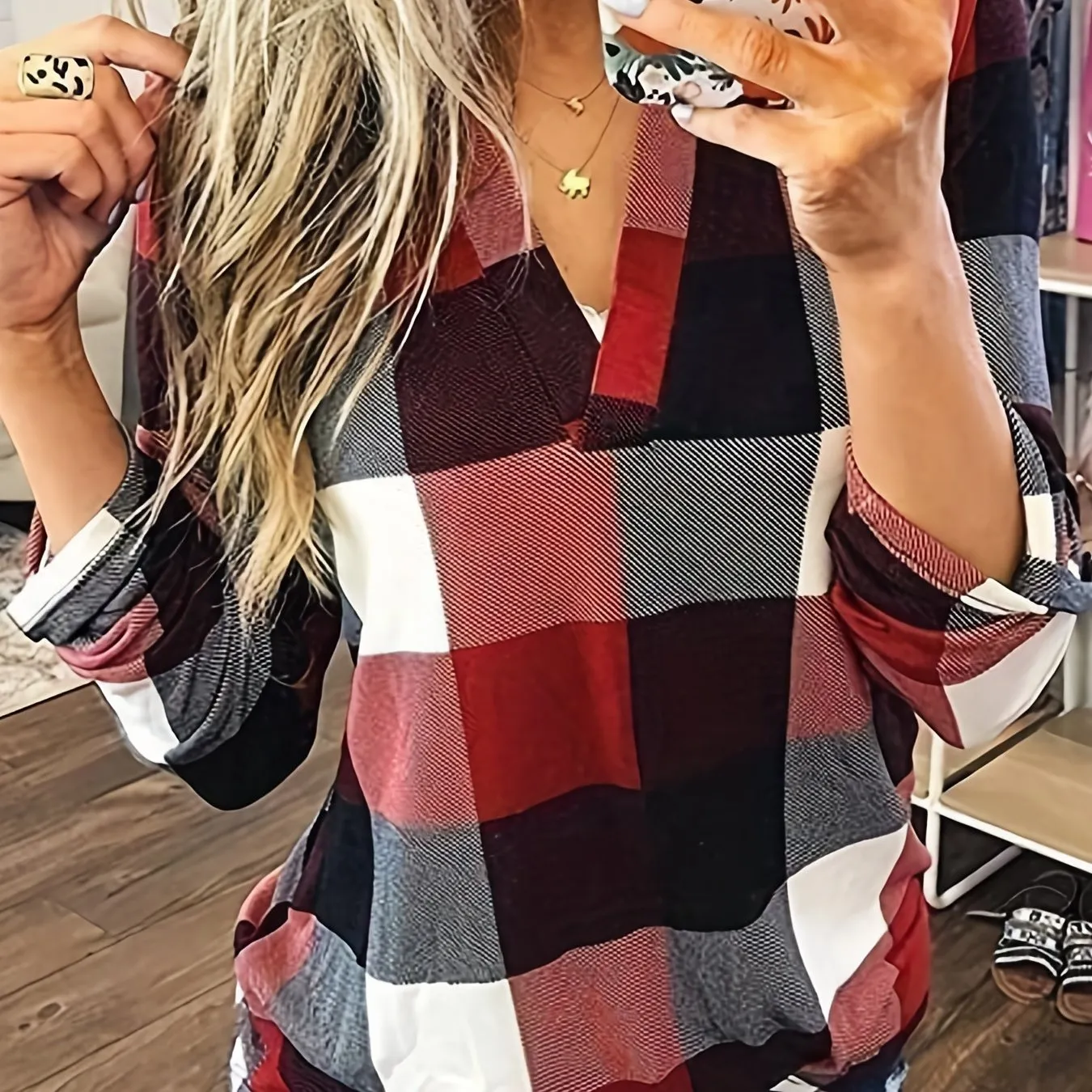 Purpdrank Stylish Plaid Flannel Shirt - Soft Long Sleeve V-Neck Top with Relaxed Fit for Everyday Wear, Women's Casual Clothing for Autumn and Winter Season