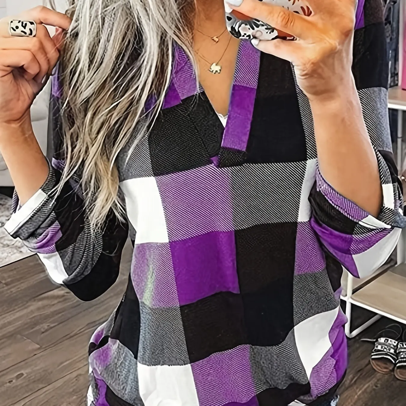 Purpdrank Stylish Plaid Flannel Shirt - Soft Long Sleeve V-Neck Top with Relaxed Fit for Everyday Wear, Women's Casual Clothing for Autumn and Winter Season
