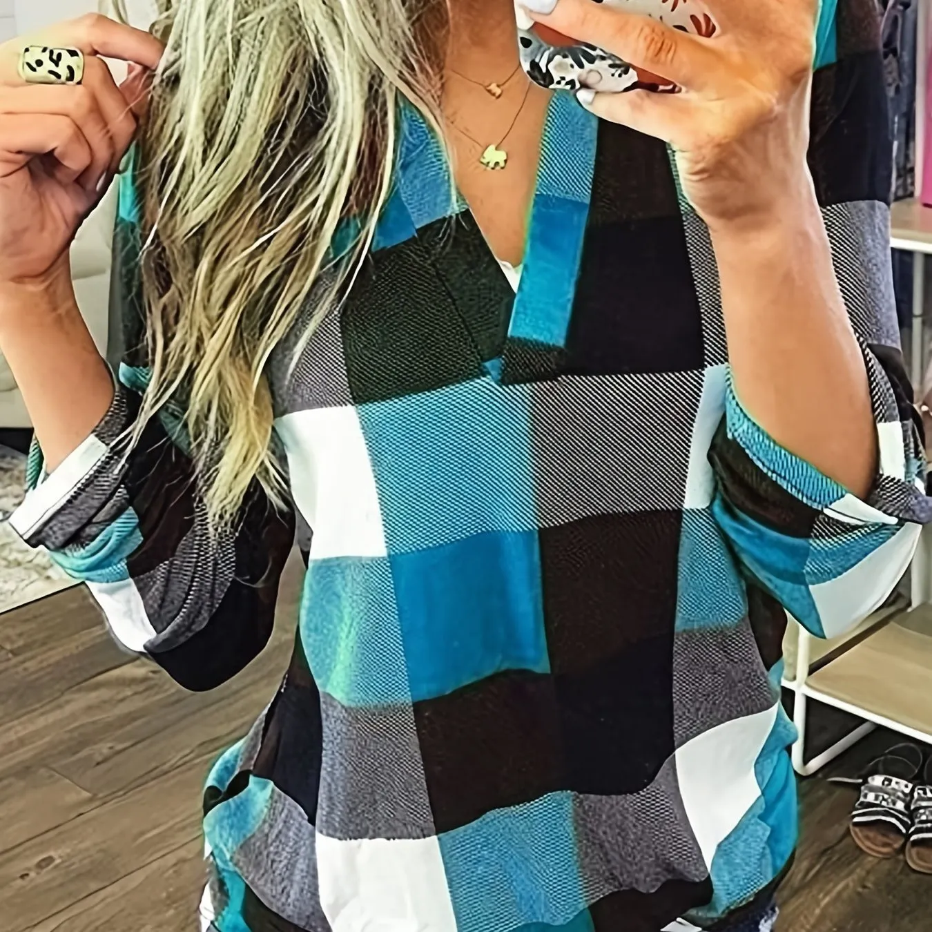 Purpdrank Stylish Plaid Flannel Shirt - Soft Long Sleeve V-Neck Top with Relaxed Fit for Everyday Wear, Women's Casual Clothing for Autumn and Winter Season
