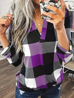 Purpdrank Stylish Plaid Flannel Shirt - Soft Long Sleeve V-Neck Top with Relaxed Fit for Everyday Wear, Women's Casual Clothing for Autumn and Winter Season