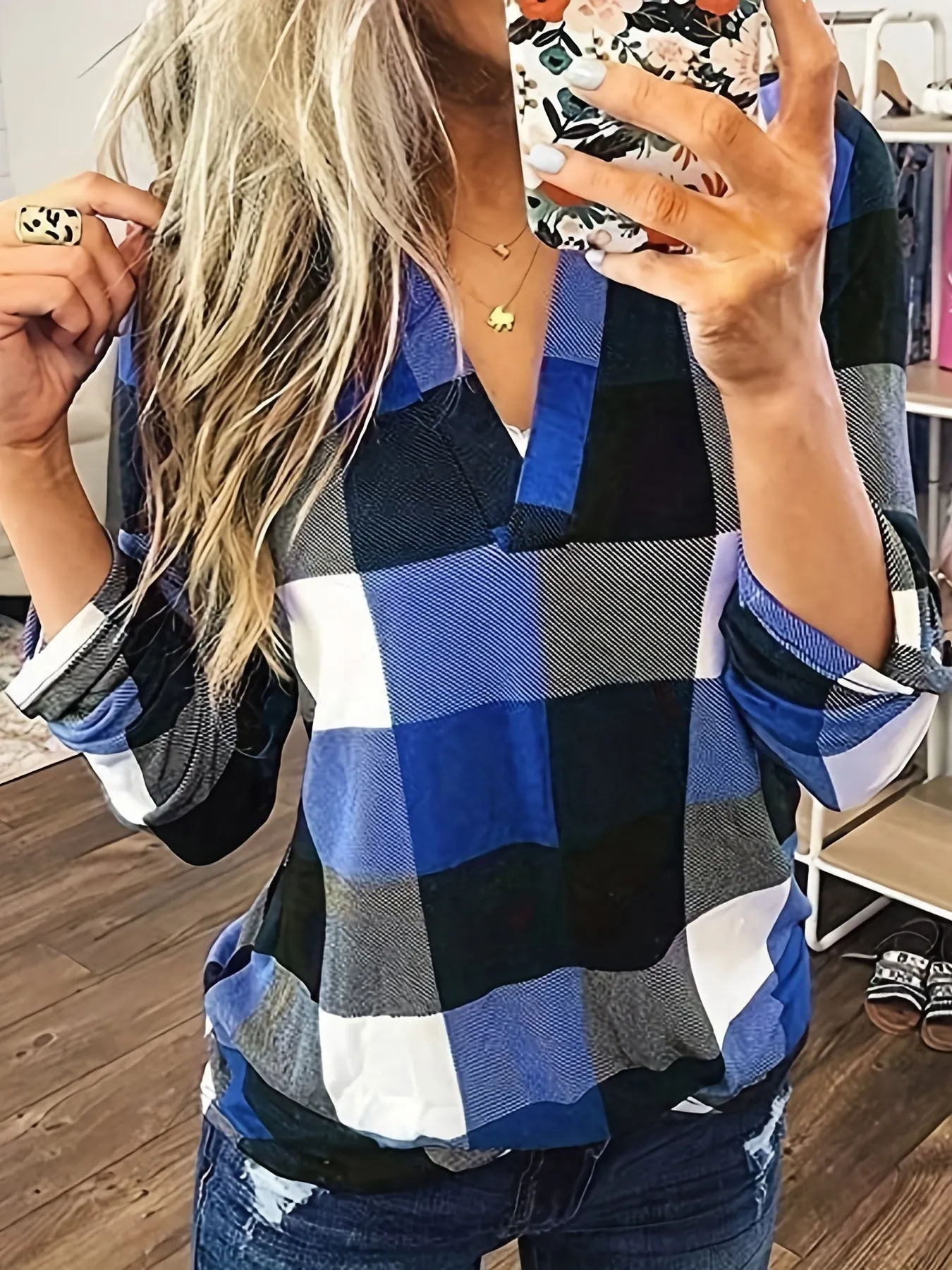 Purpdrank Stylish Plaid Flannel Shirt - Soft Long Sleeve V-Neck Top with Relaxed Fit for Everyday Wear, Women's Casual Clothing for Autumn and Winter Season