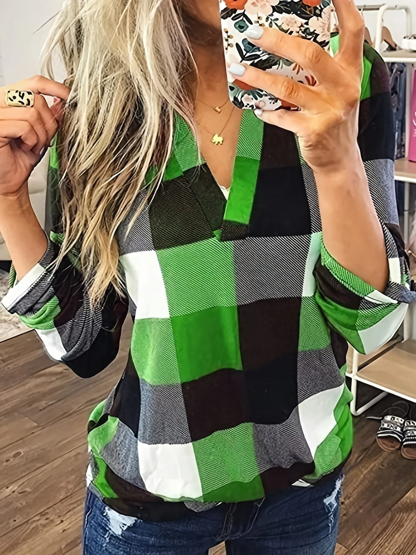 Purpdrank Stylish Plaid Flannel Shirt - Soft Long Sleeve V-Neck Top with Relaxed Fit for Everyday Wear, Women's Casual Clothing for Autumn and Winter Season