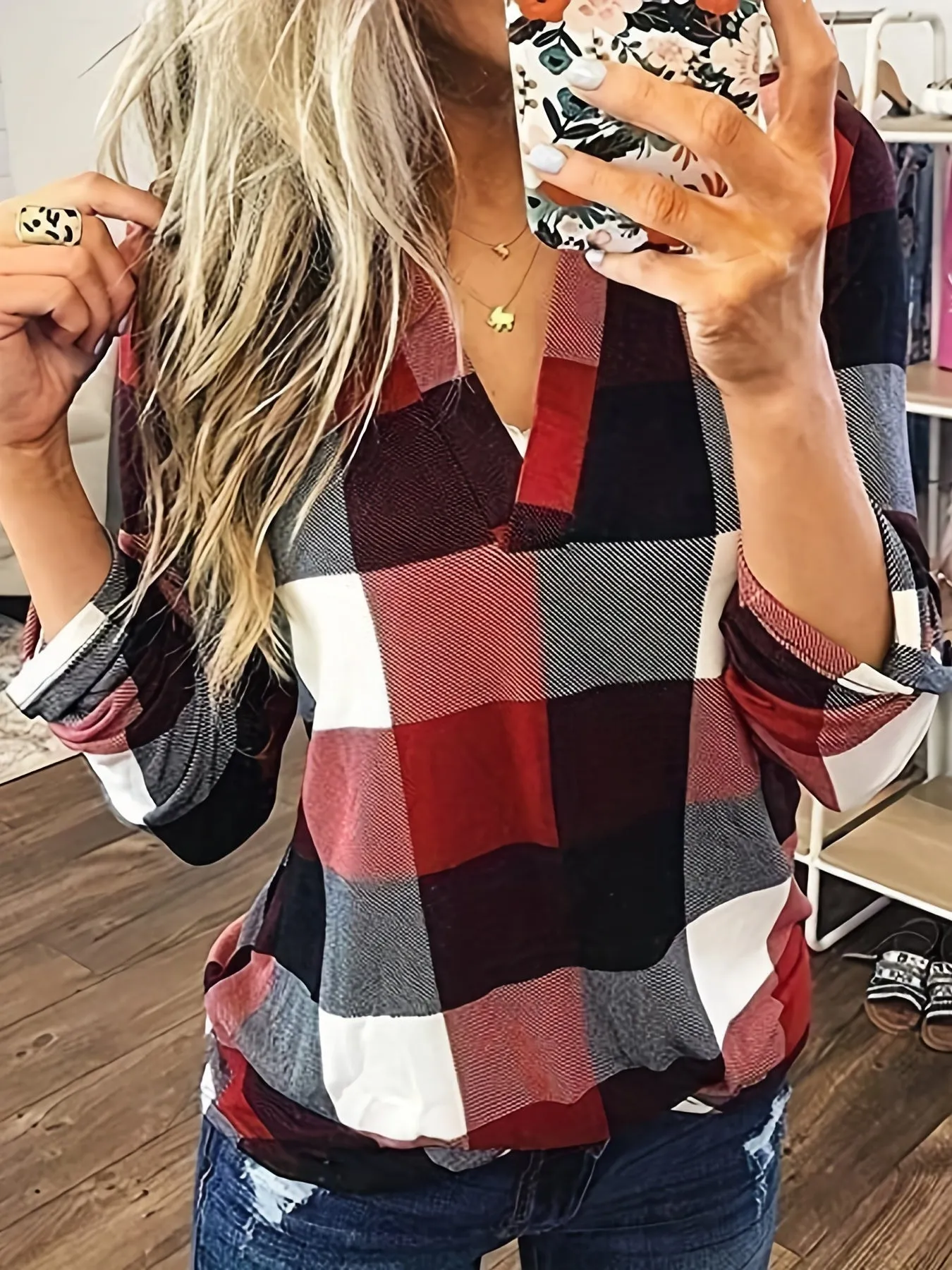Purpdrank Stylish Plaid Flannel Shirt - Soft Long Sleeve V-Neck Top with Relaxed Fit for Everyday Wear, Women's Casual Clothing for Autumn and Winter Season