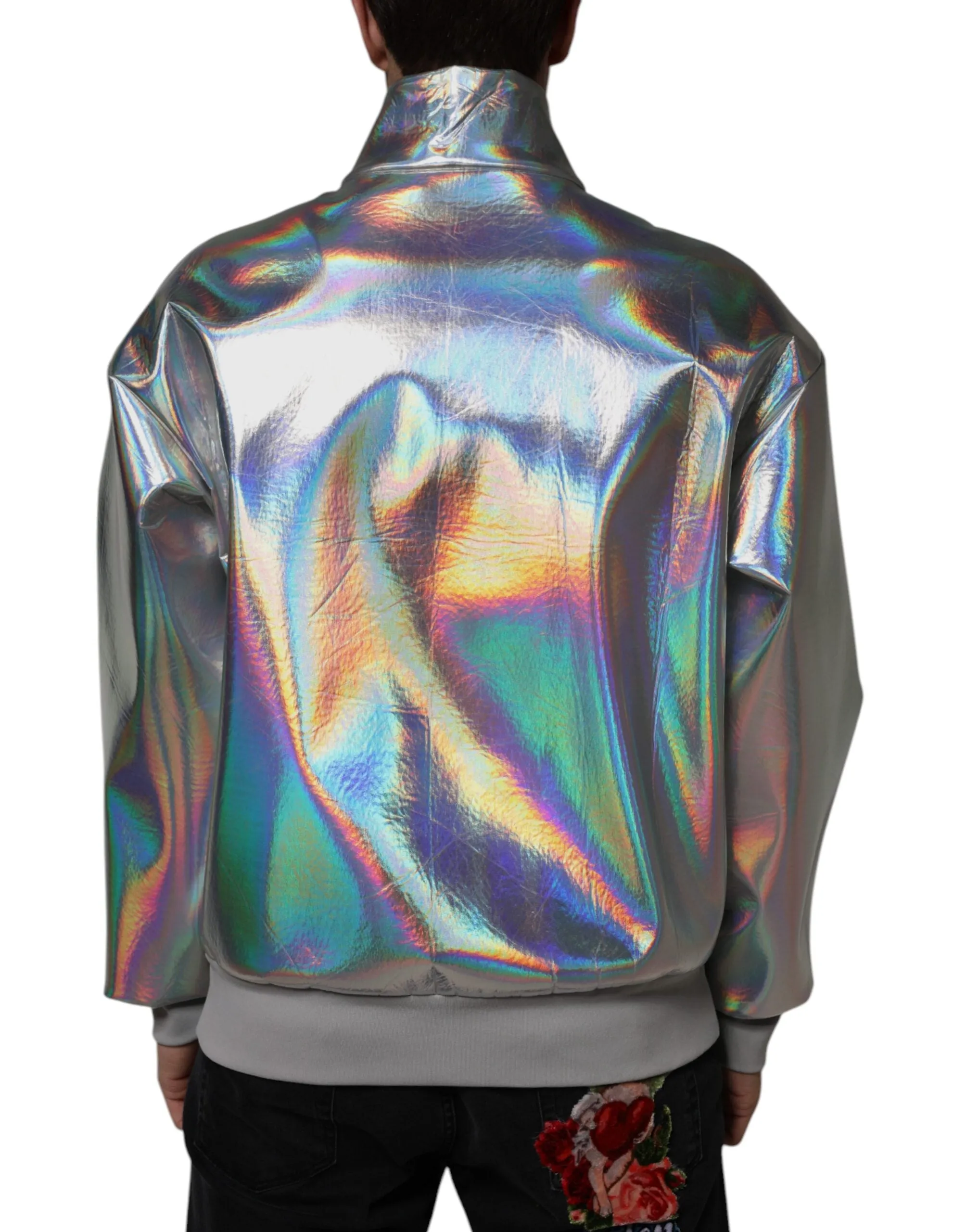 Silver Iridescent Full Zip Men Bomber Jacket
