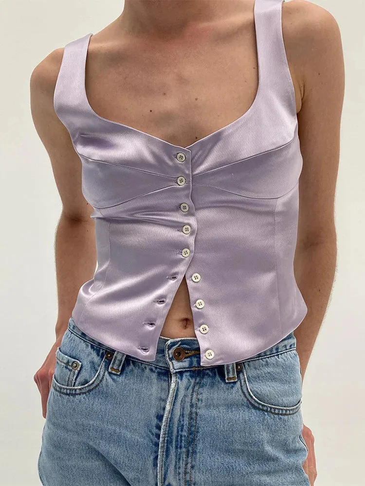 Single Breasted Sleeveless Elegant Solid V-neck Push Up Casual Streetwear Cami Top