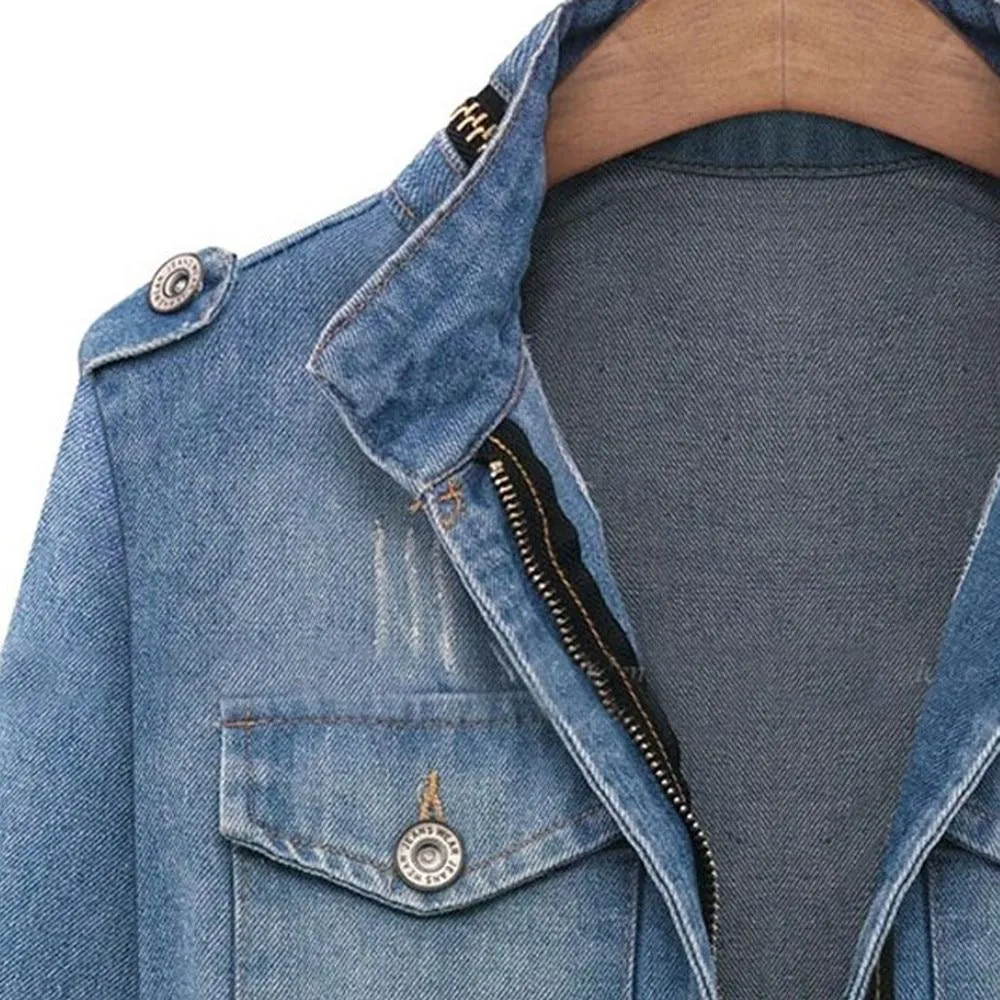 Slim Denim Jeans Pocket Zipper Jacket