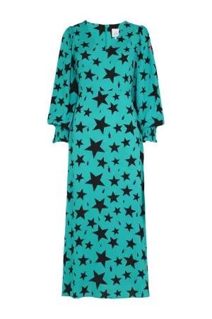 Teal with Black Star and Lightning Bolt Midi Dress