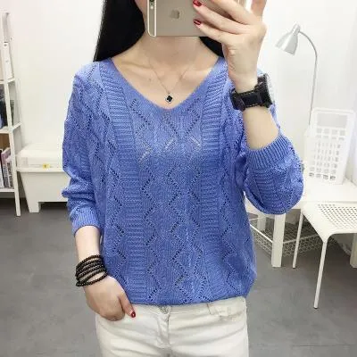 Thin See Through  Long Sleeved Short V-Neck Women Loose Tops Sweater