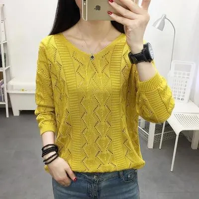 Thin See Through  Long Sleeved Short V-Neck Women Loose Tops Sweater
