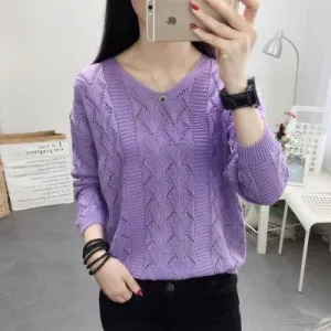 Thin See Through  Long Sleeved Short V-Neck Women Loose Tops Sweater