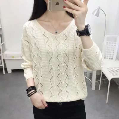 Thin See Through  Long Sleeved Short V-Neck Women Loose Tops Sweater