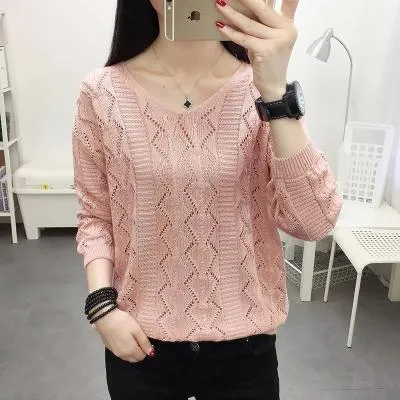Thin See Through  Long Sleeved Short V-Neck Women Loose Tops Sweater