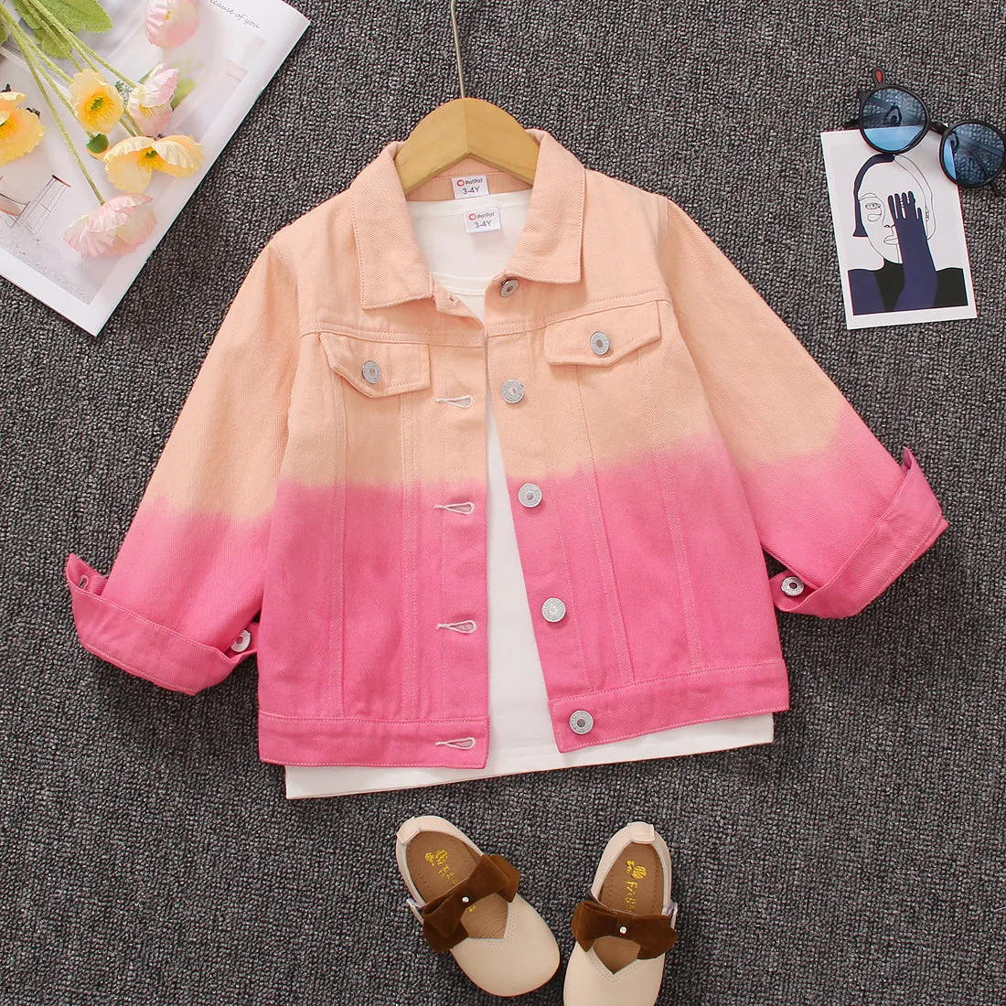 Toddler Girl Sweet Tie Dyed Color block Lapel Collar Denim Jacket Autumn