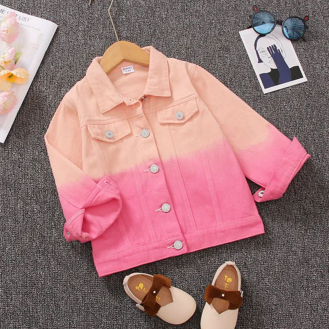 Toddler Girl Sweet Tie Dyed Color block Lapel Collar Denim Jacket Autumn