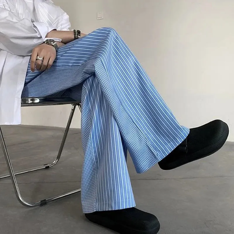 WIAOFELLAS  -  Korean light color vertical stripe pants patchwork checkered trousers couple casual grunge wide leg pants for outerwear