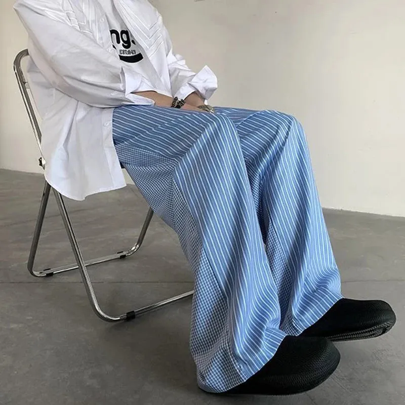 WIAOFELLAS  -  Korean light color vertical stripe pants patchwork checkered trousers couple casual grunge wide leg pants for outerwear