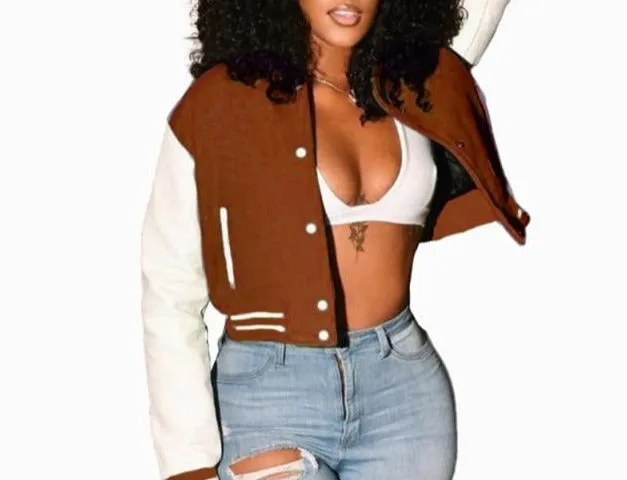 Women Button Up Fashion Crop Varsity Jacket