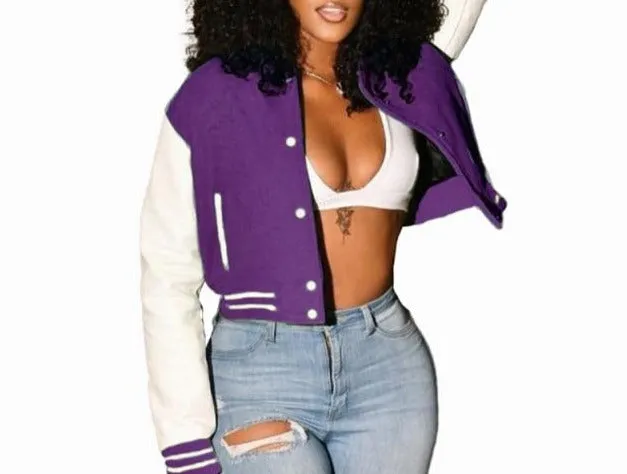 Women Button Up Fashion Crop Varsity Jacket