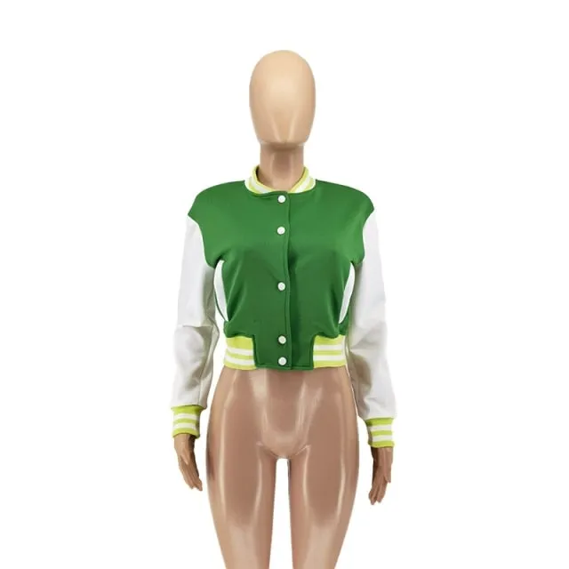 Women Button Up Fashion Crop Varsity Jacket