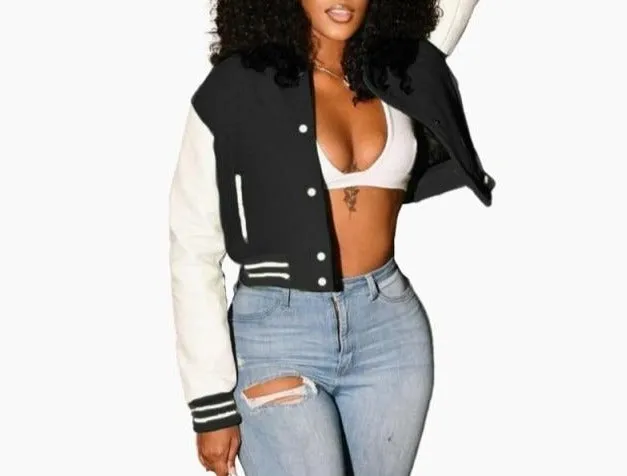 Women Button Up Fashion Crop Varsity Jacket