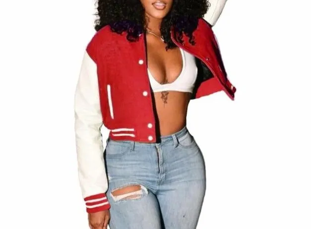 Women Button Up Fashion Crop Varsity Jacket