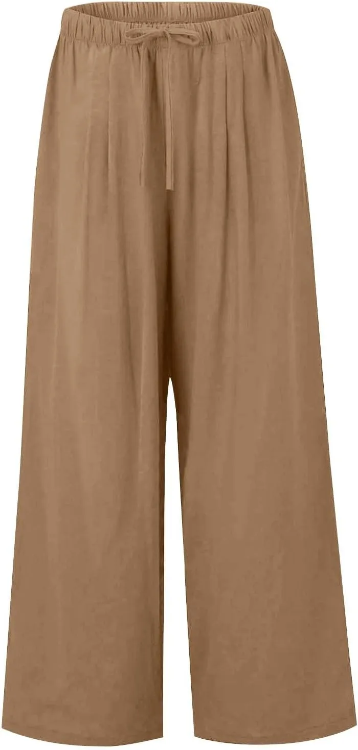 Women Casual Linen Pants Wide Leg Casual Palazzo Pants Cotton Linen Lounge Beach Summer Pants with Pockets