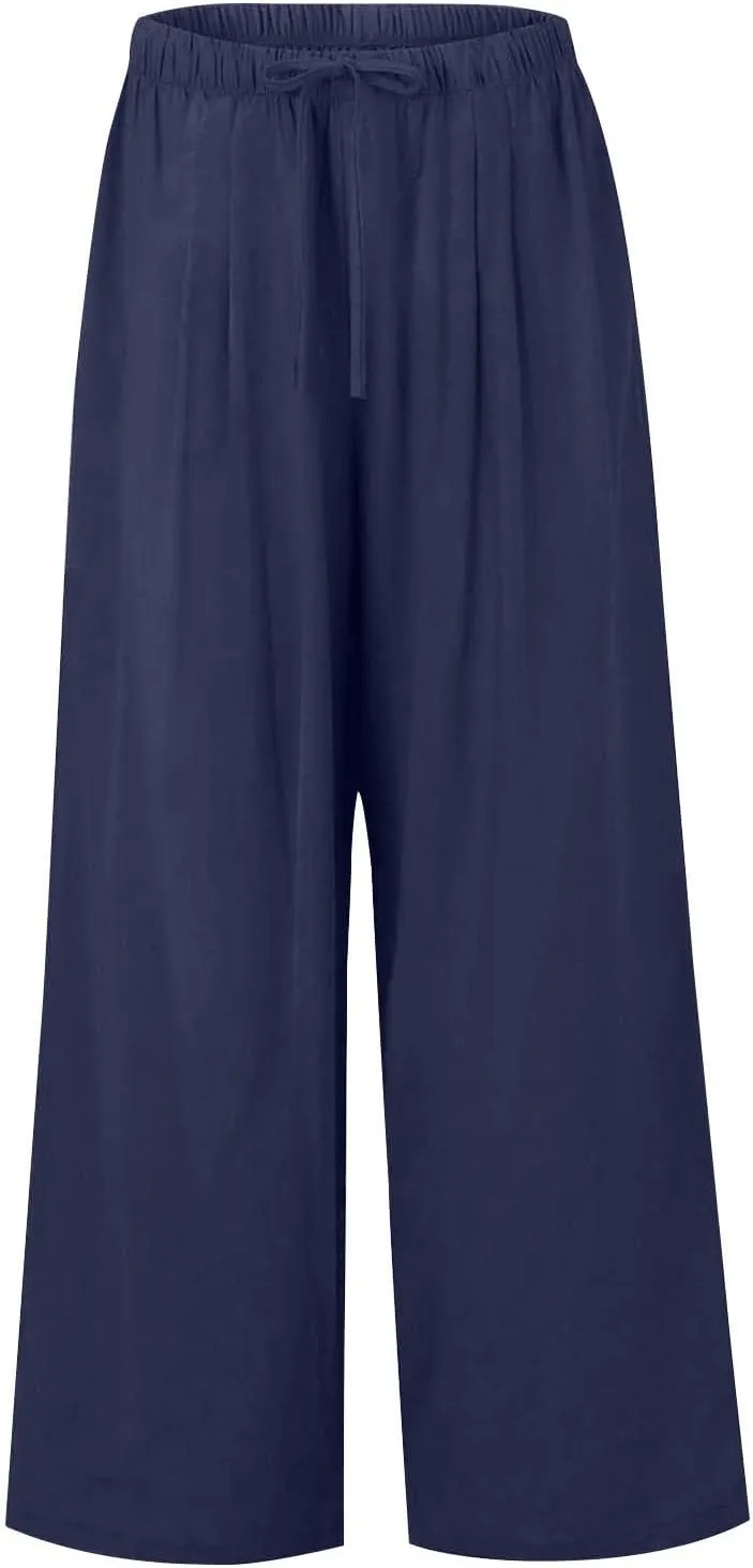 Women Casual Linen Pants Wide Leg Casual Palazzo Pants Cotton Linen Lounge Beach Summer Pants with Pockets