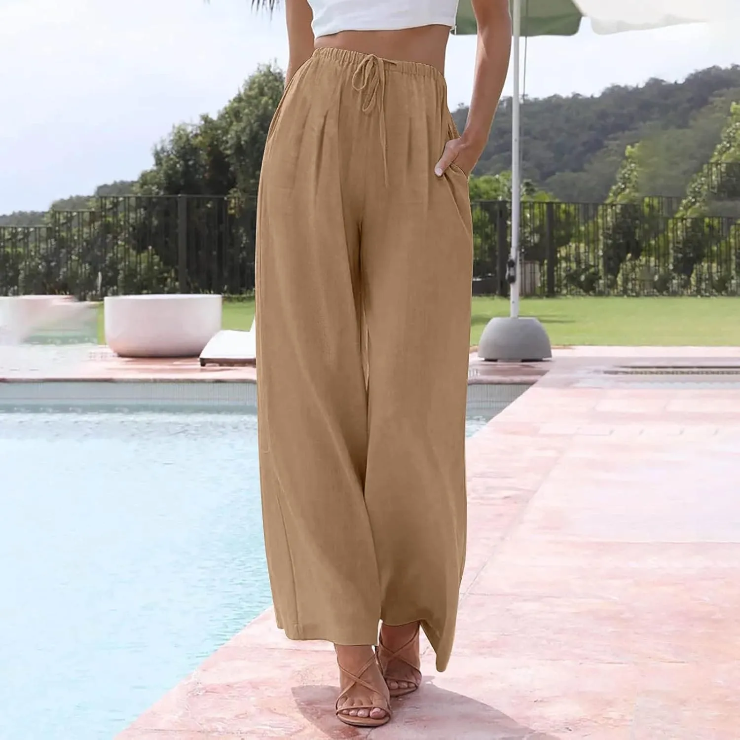 Women Casual Linen Pants Wide Leg Casual Palazzo Pants Cotton Linen Lounge Beach Summer Pants with Pockets
