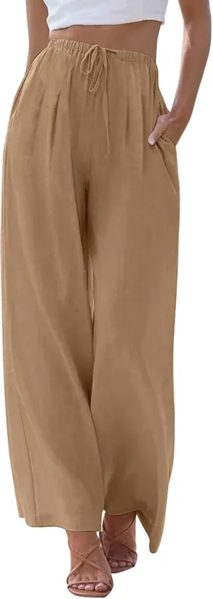 Women Casual Linen Pants Wide Leg Casual Palazzo Pants Cotton Linen Lounge Beach Summer Pants with Pockets